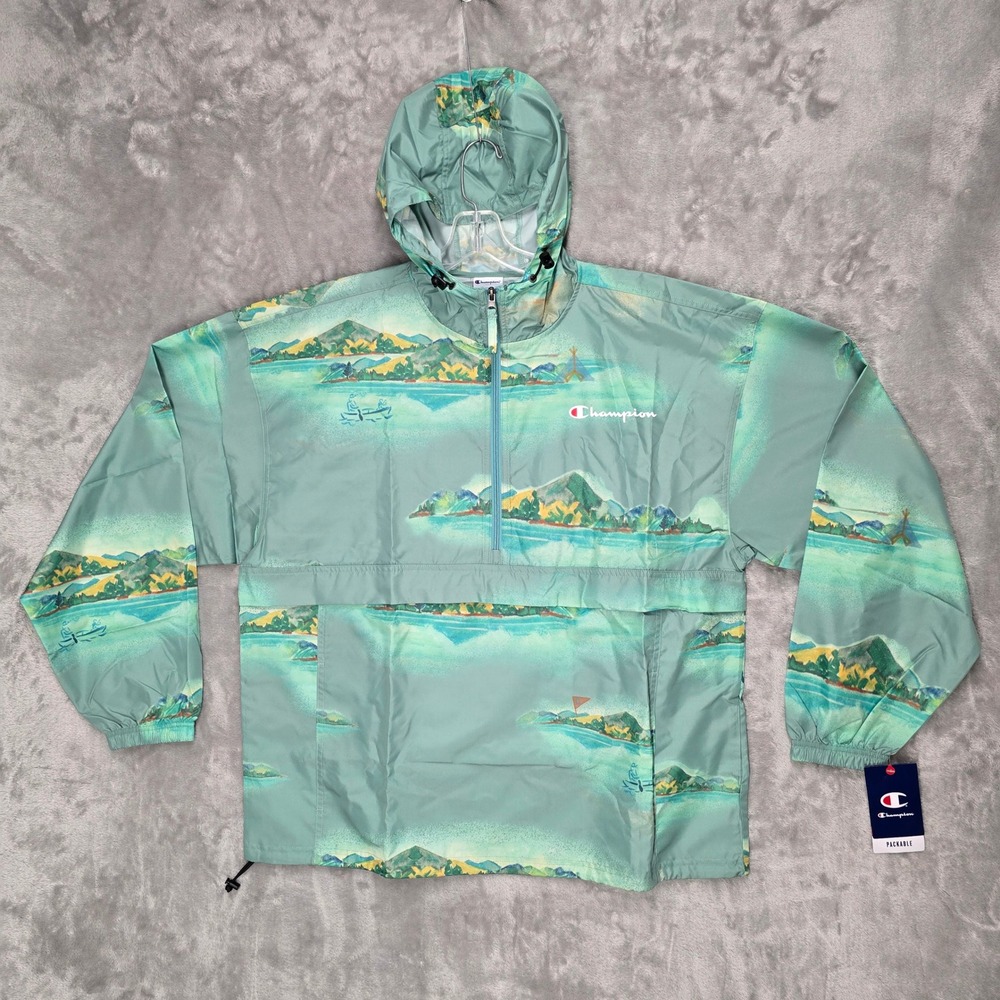 Champion Packable Windbreaker Jacket Mens XL Green Scenic Landscape Outdoor Gorp
